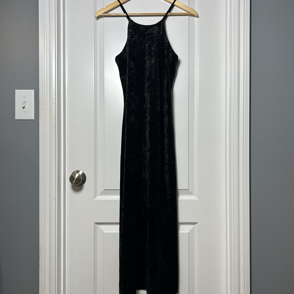 Lisa Jo Vintage Black Crushed Velvet Spaghetti Strap Maxi Dress Whimsigoth Style